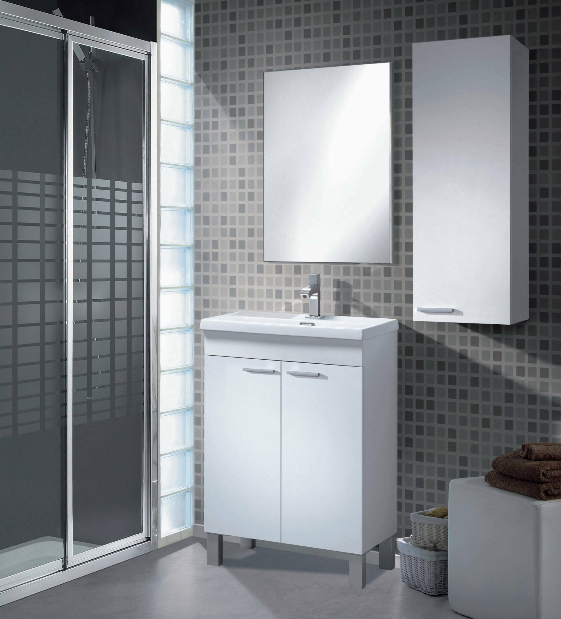 Mobile sottolavabo Almenia, Mobiletto per bagno, Armadio a 2 ante con specchio, lavabo non incluso, cm 50x40h80, Bianco