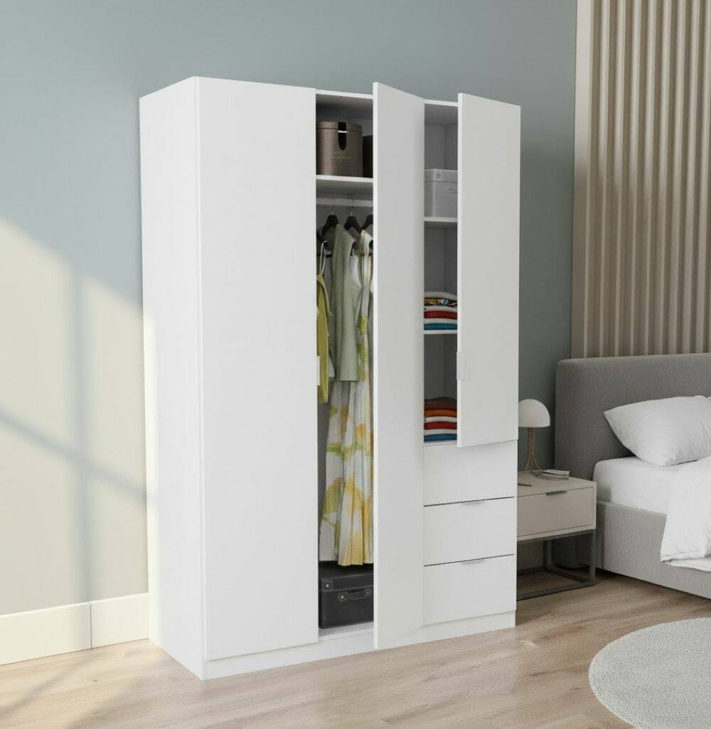 Guardaroba Ade, Armadio per camera da letto a 3 ante e 3 cassetti, Mobile con 3 ripiani e barra appendiabiti, cm 135x52h200, Bianco
