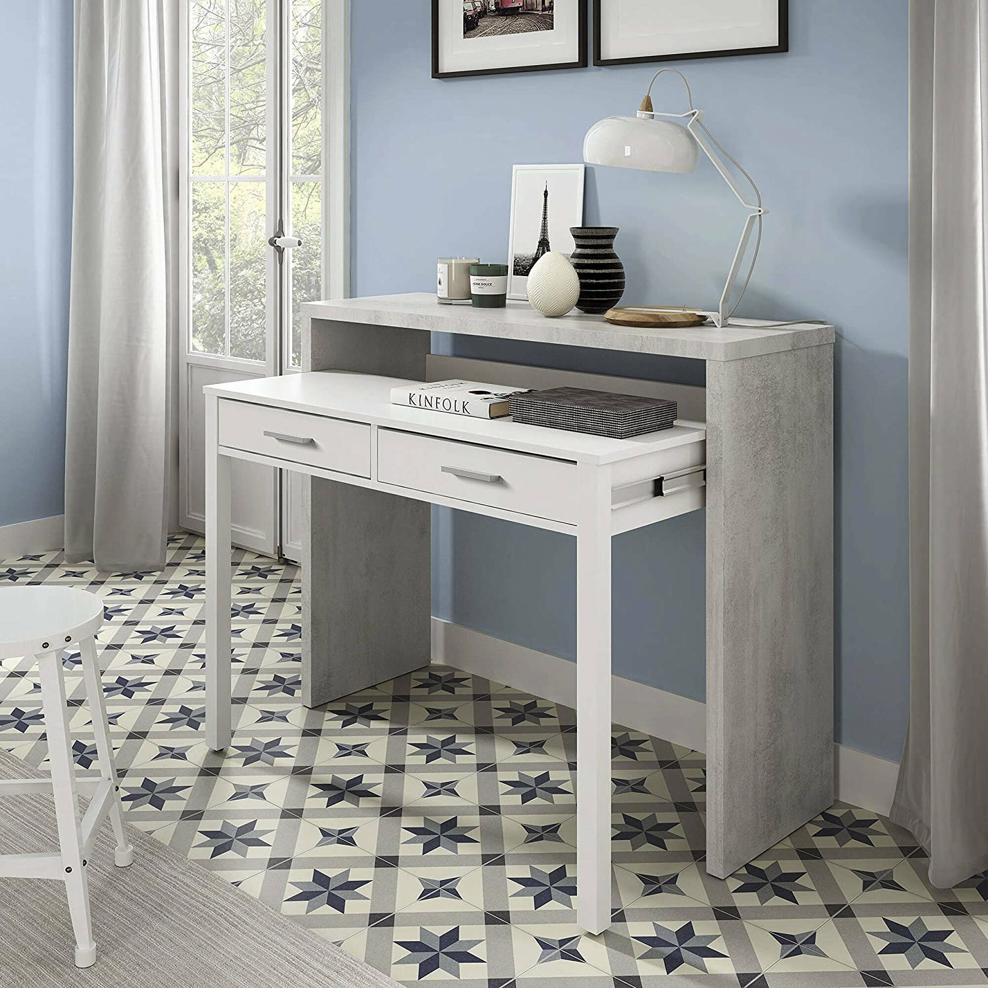 Consolle Andriy, Scrivania con piano estensibile, Scrittoio porta PC con 2 cassetti, cm 99x36h88, Cemento e Bianco