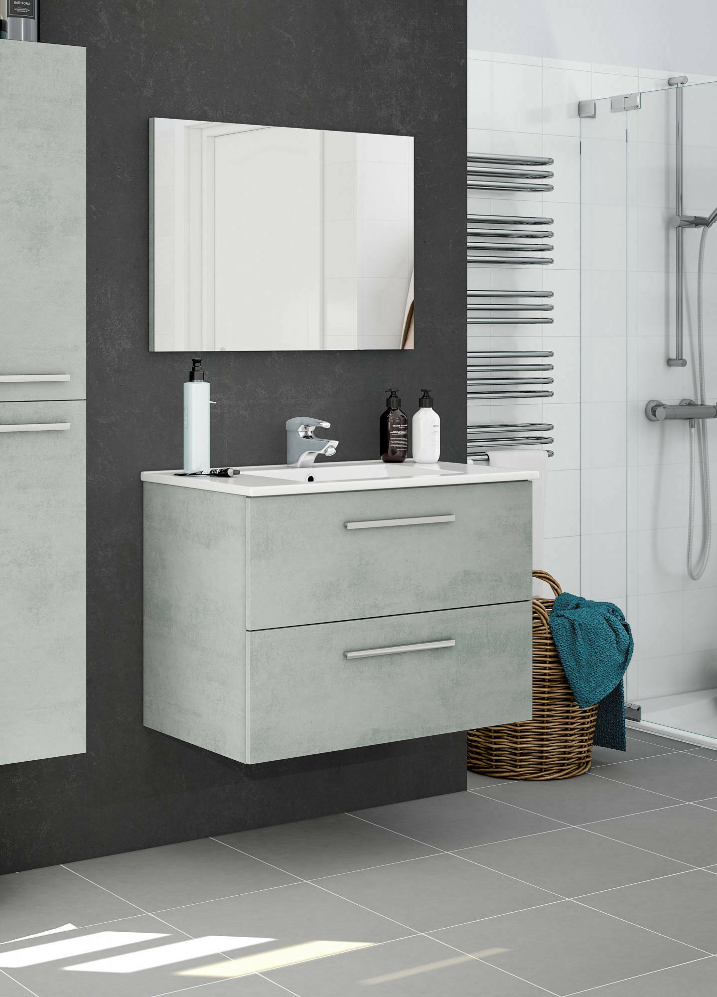 Image of Mobile sottolavabo Albino, Mobiletto per bagno sospeso, Armadio a 2 cassetti e specchio, cm 80x45h57, Cemento cod009