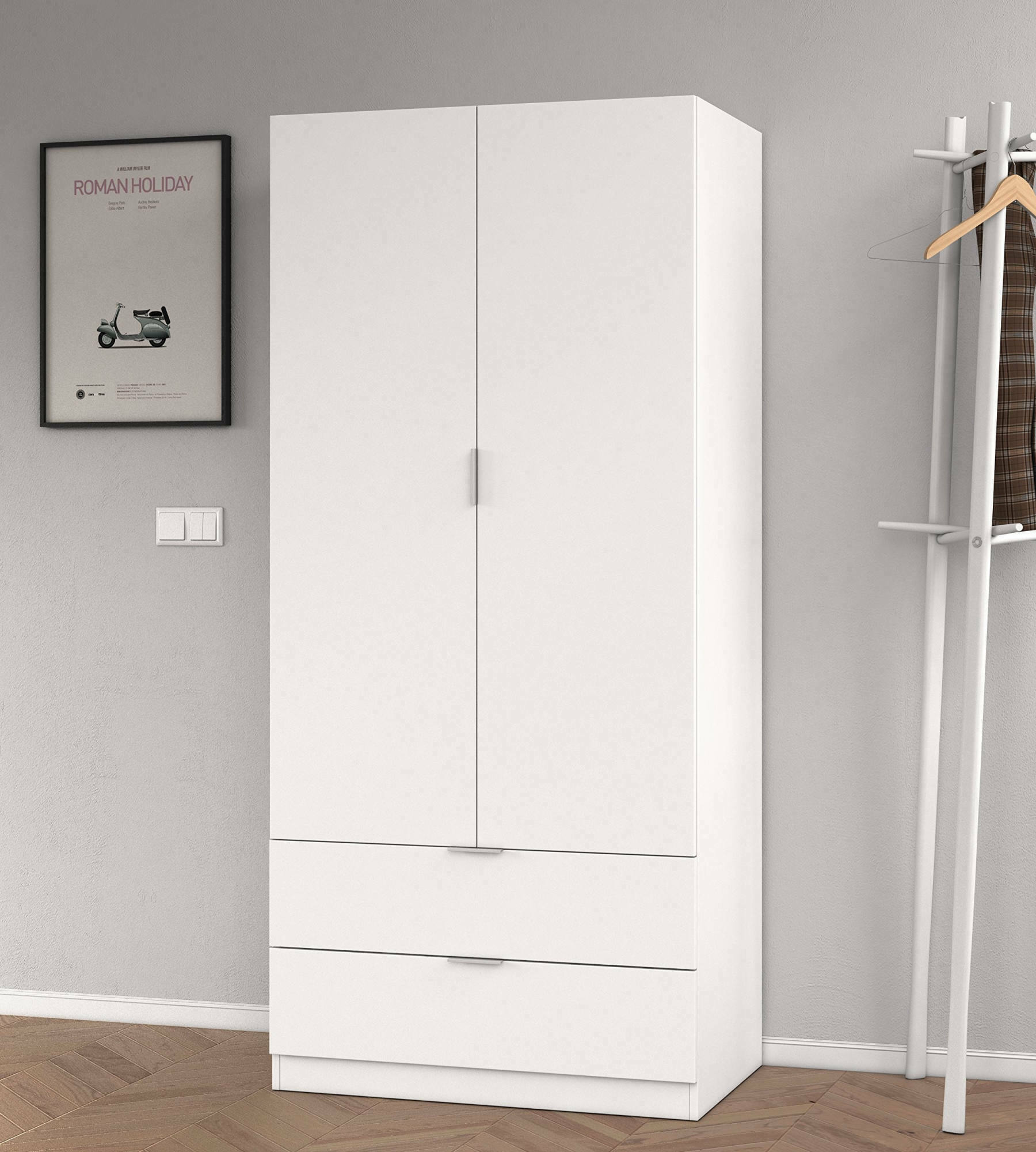 Guardaroba Darest, Armadio per camera da letto a 2 ante e 2 cassetti, Mobile per camera da letto con barra appendiabiti, cm 81x52h180, Bianco
