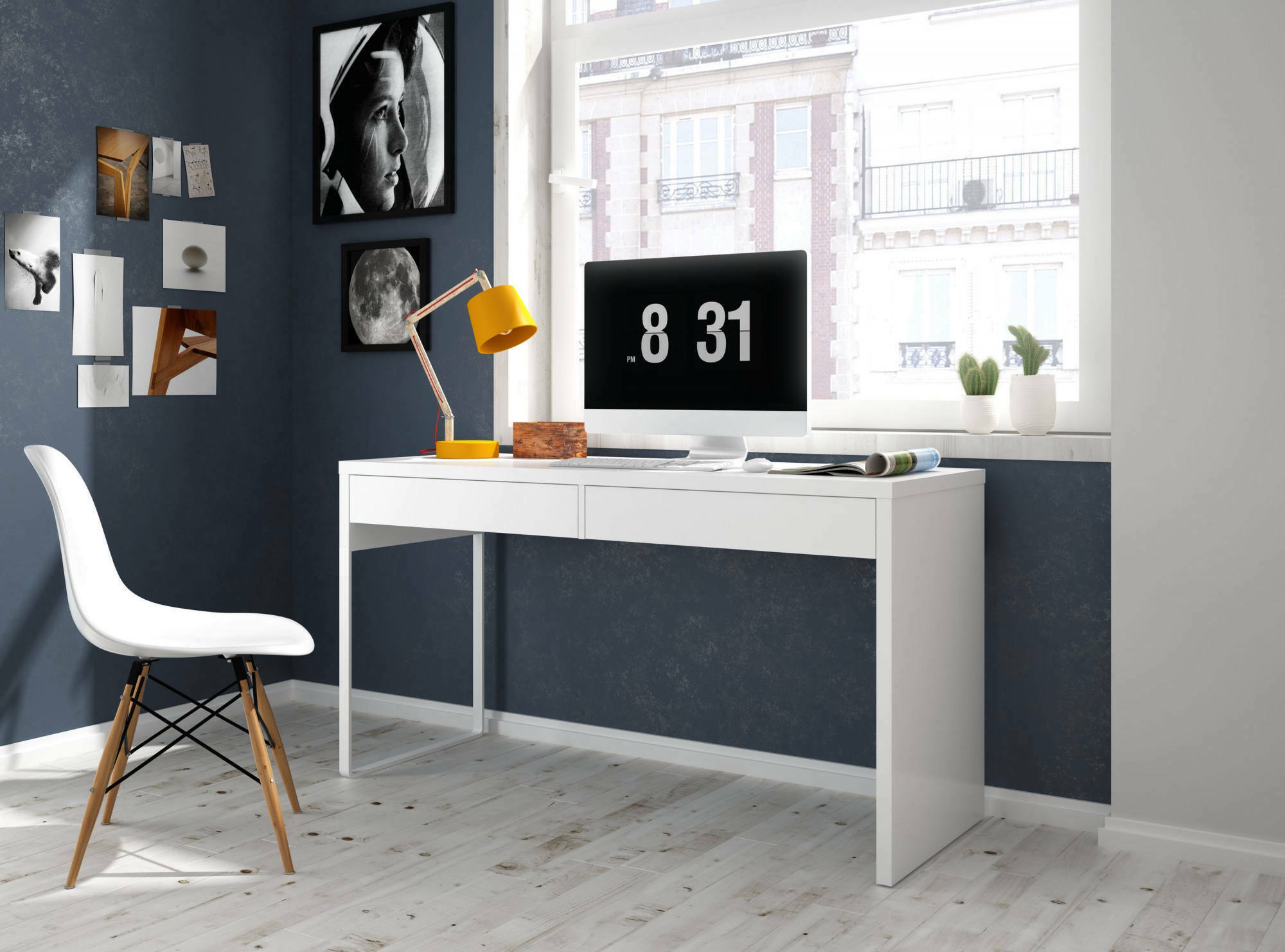 Scrivania Cerere, Scrittoio reversibile da ufficio, Tavolo da studio porta PC con 2 cassetti, cm 138x50h75, Bianco lucido