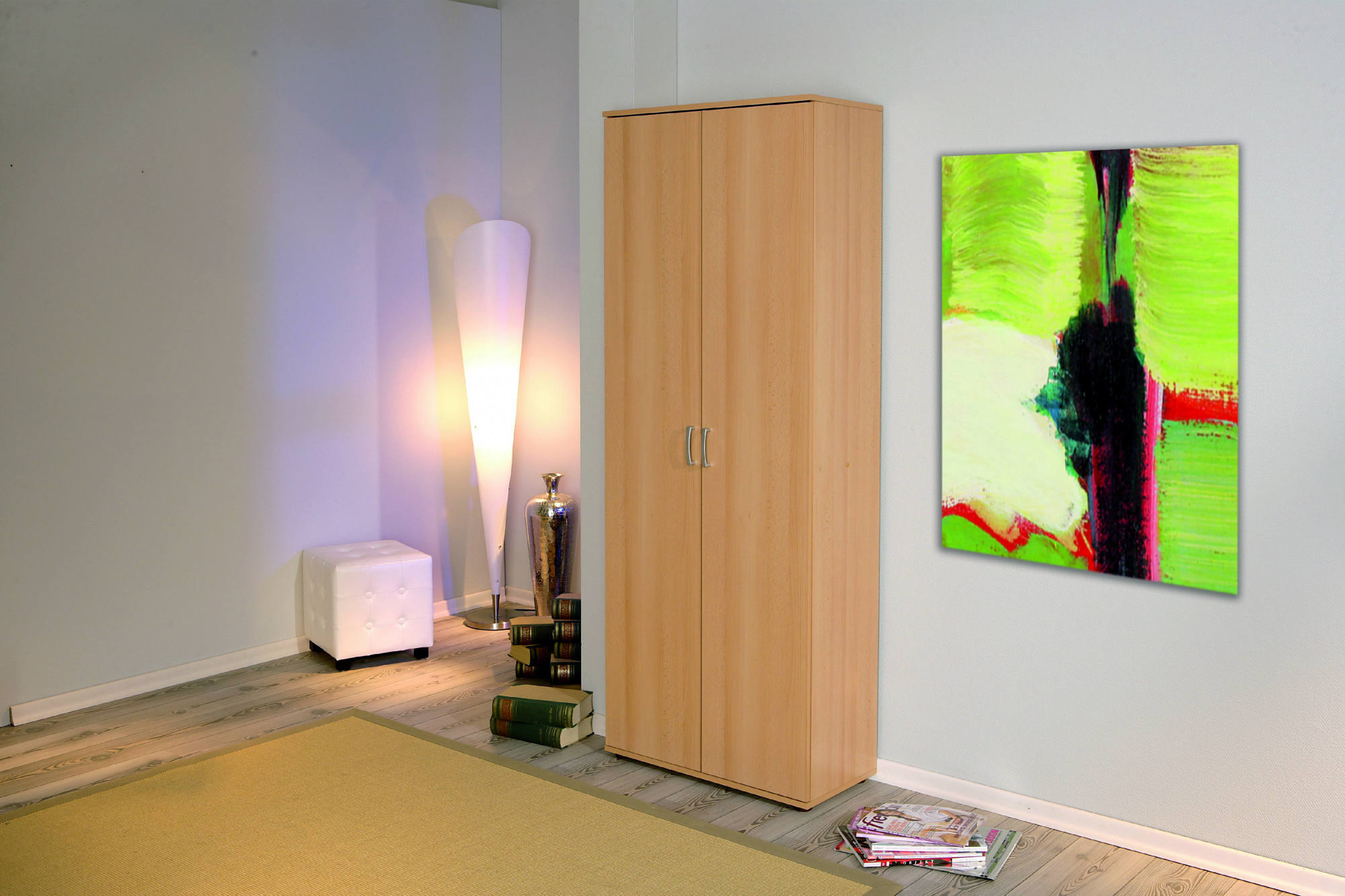 Armadio a due ante con ripiani in Dmcilro, color faggio, Misure 70 x 189 x 34 cm