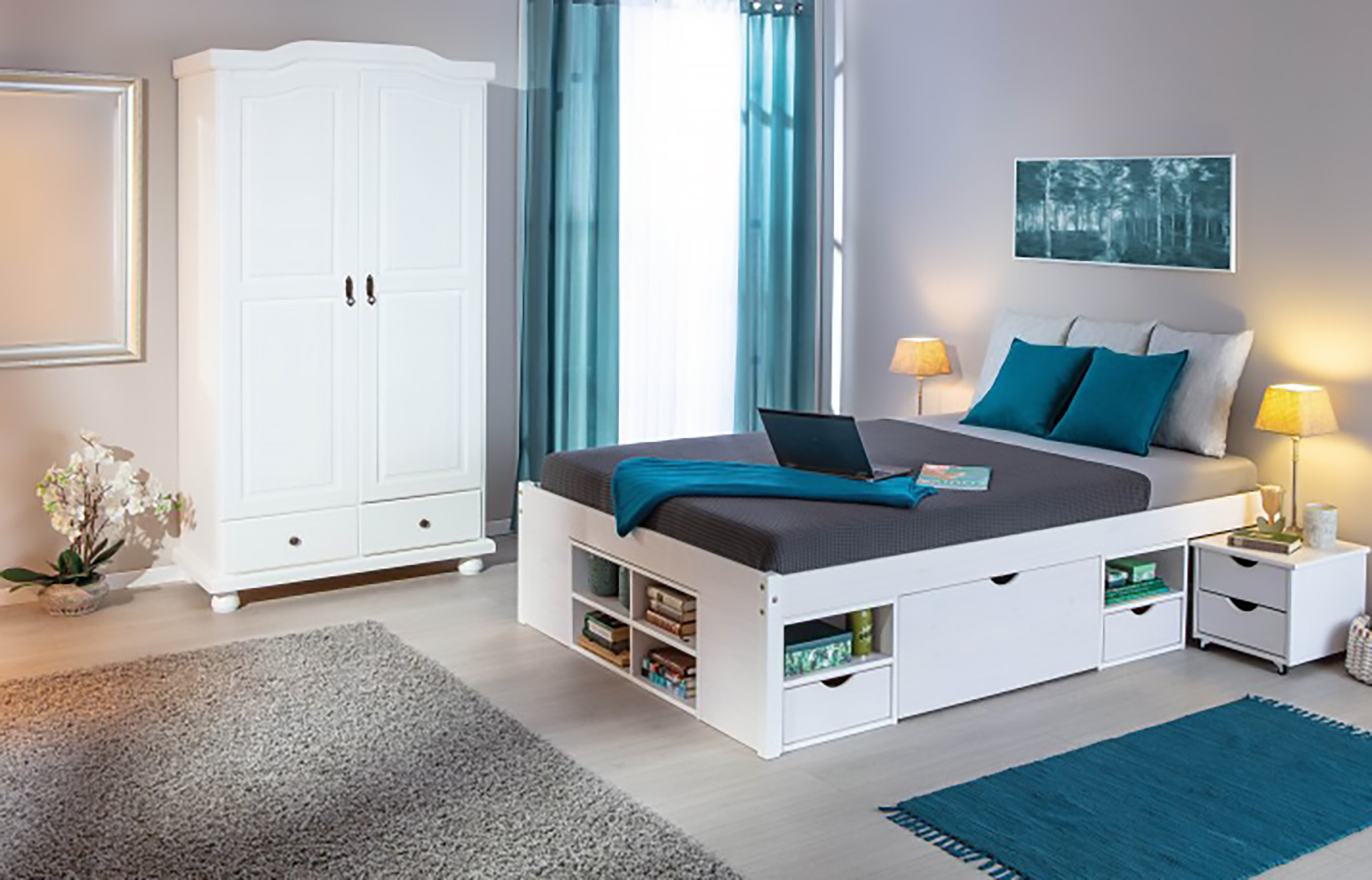 Armadio a due ante e due cassetti con finitura in pino Dclar, colore bianco, cm 104 x 200 x 56.