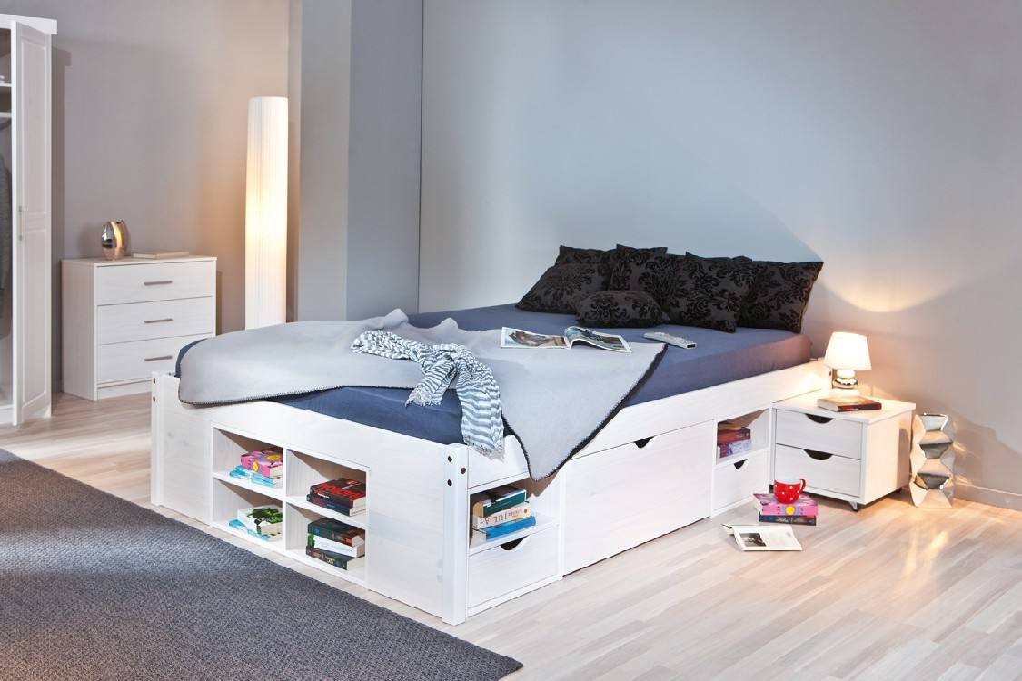 Letto matrimoniale con vani contenitore e comodino incluso con Dboquet, colore bianco, cm 166.5 x 47.5 x 209