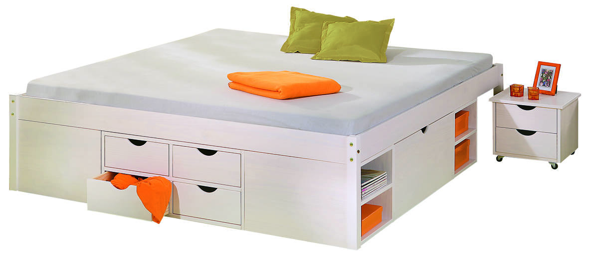 Letto matrimoniale con vani contenitore e comodino incluso con Dbeatti, colore bianco, cm 186.5 x 47,5 x 209