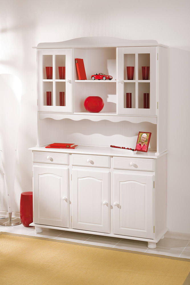 Credenza in con tre ante e cassetti con vetrinetta Dkohle, colore bianco, cm 130 x 198 x 32