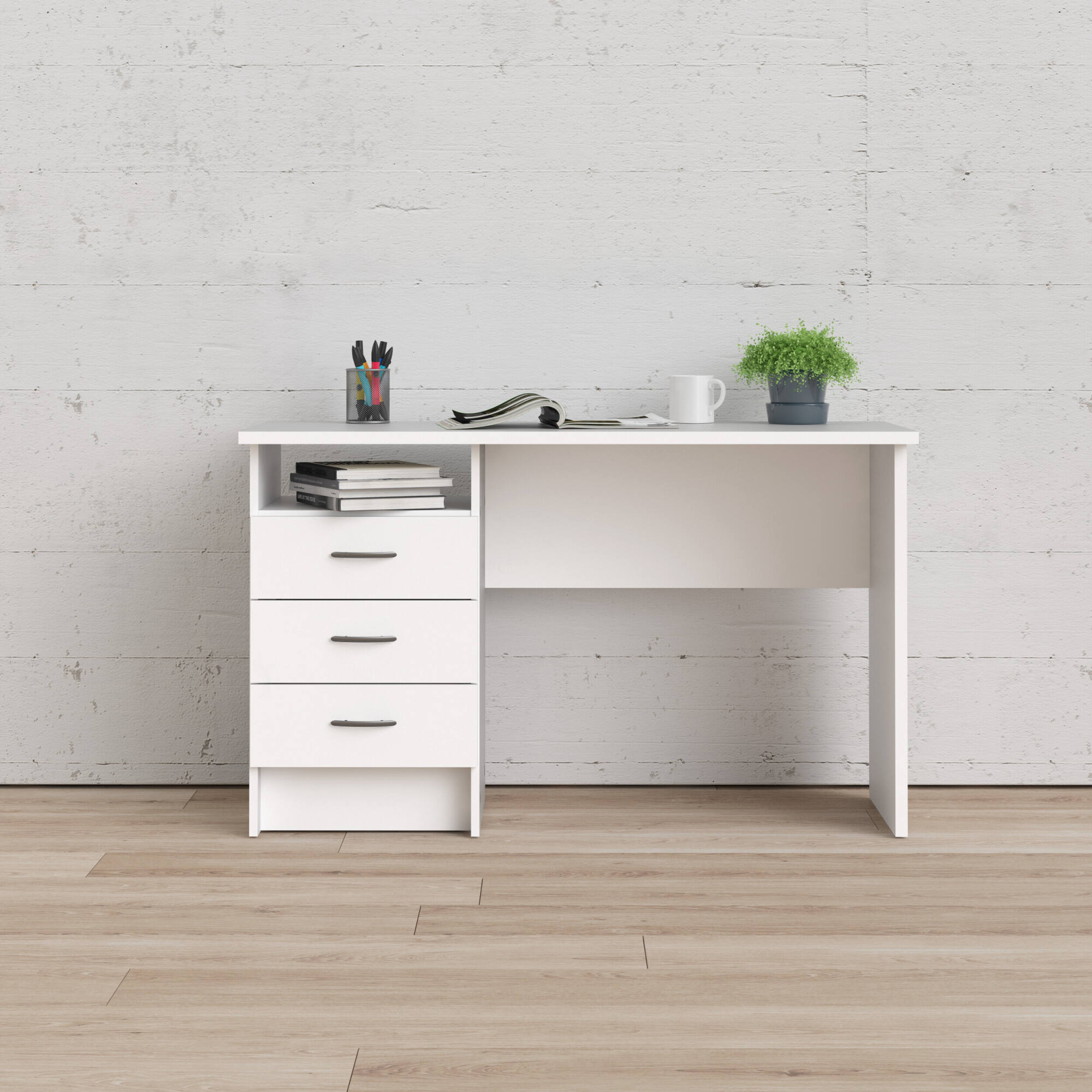 Scrivania lineare con tre Andre, colore bianco, Misure 120 x 72 x 48 cm
