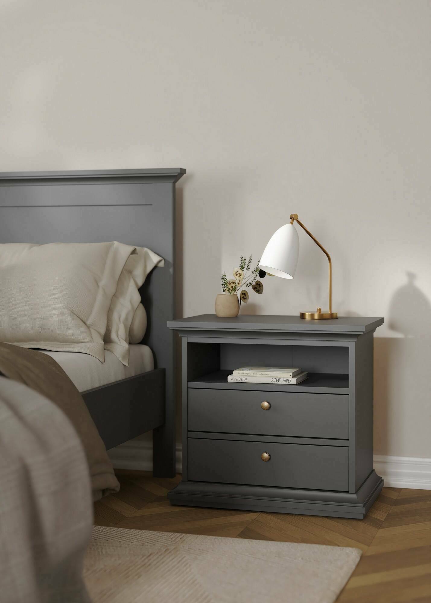 Comodino Arluno, Comò basso, Tavolino da notte, Mensola da letto, 63x40 h59 cm, Grigio