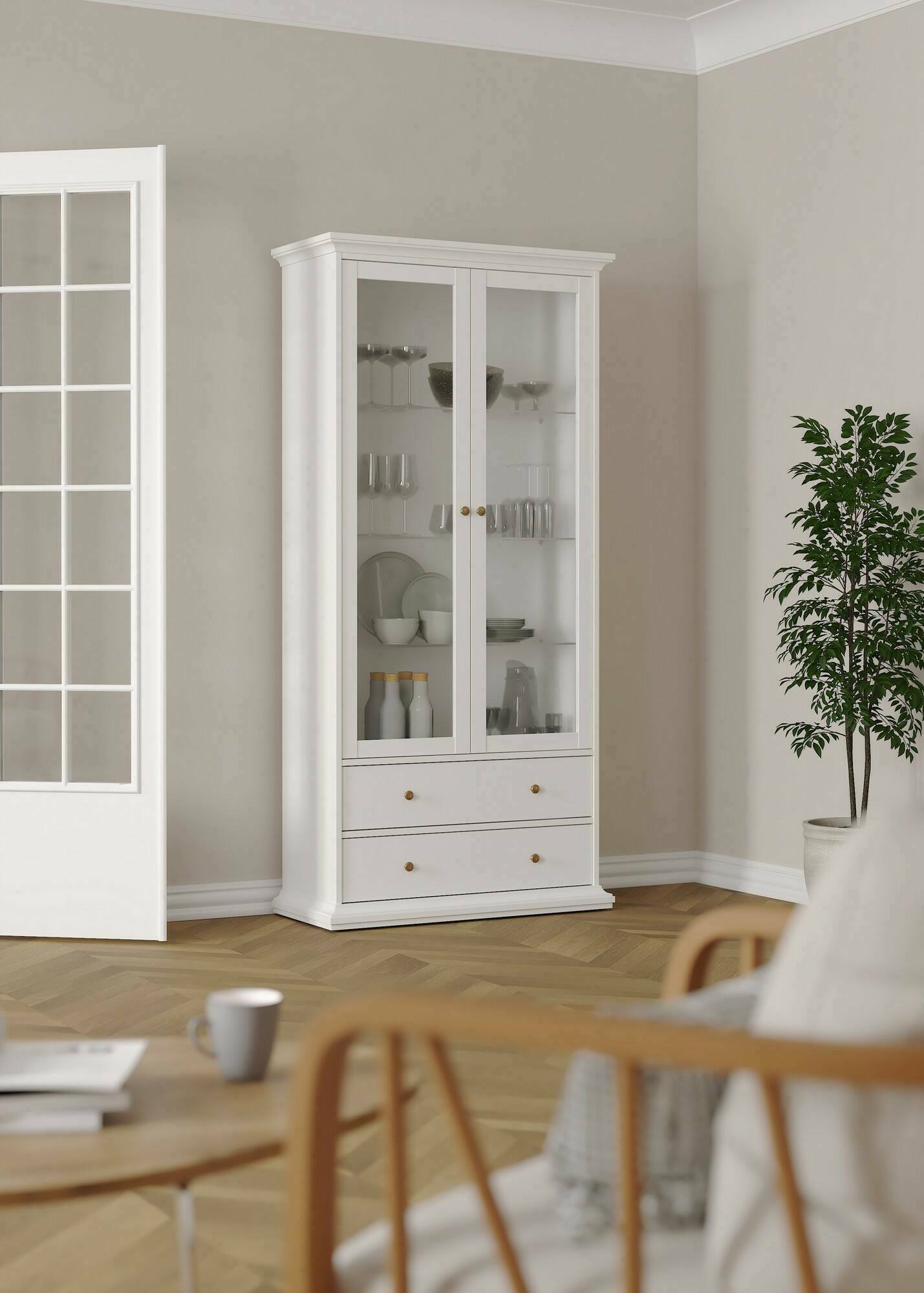 Vetrina Honore, Credenza espositiva, Vetrinetta multiuso, Madia da soggiorno, 96x42 h201 cm, Bianco