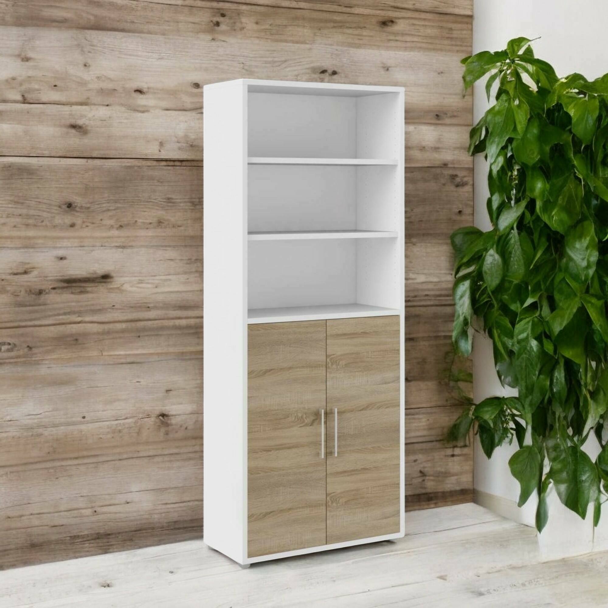 Credenza Valsesia, Buffet da soggiorno, Madia da salotto, Dispensa da cucina, 89x40 h222 cm, Bianco e Quercia