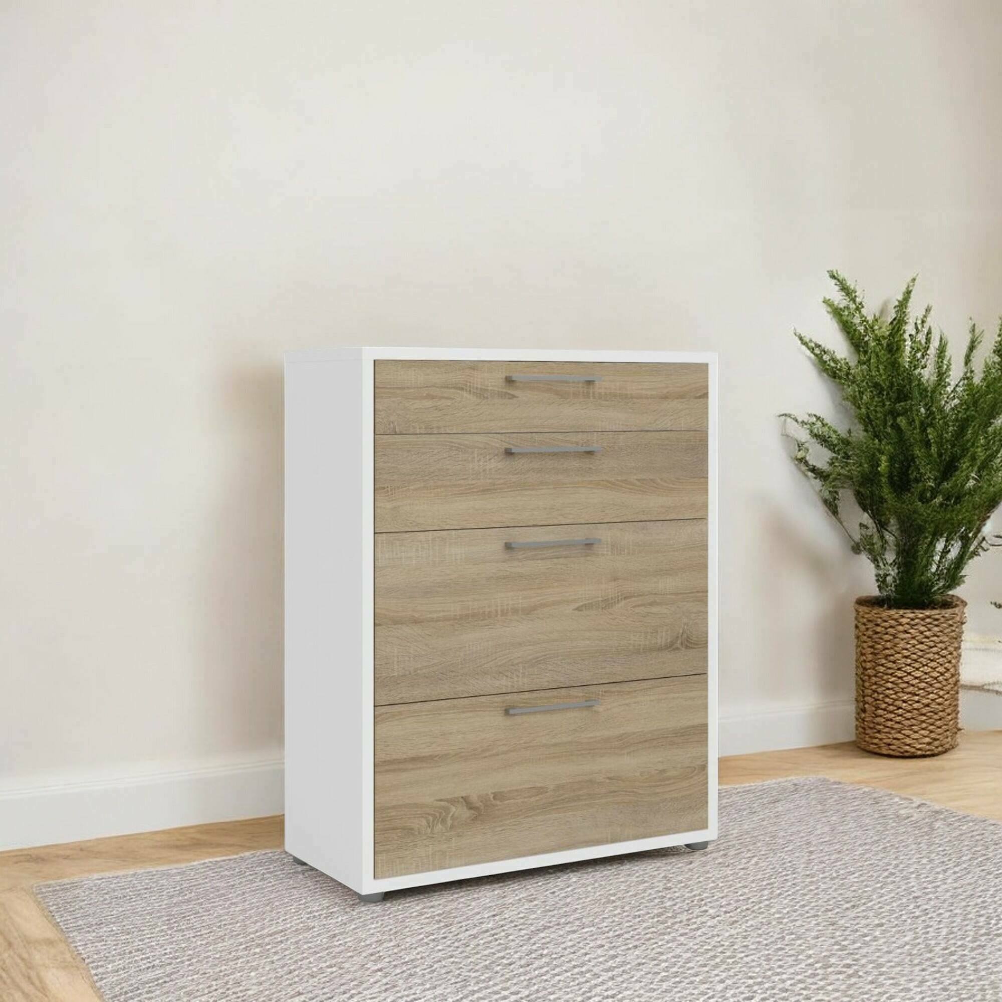 Credenza Anghiari, Buffet da soggiorno, Madia da salotto, Dispensa da cucina, 89x40 h113 cm, Bianco e Quercia