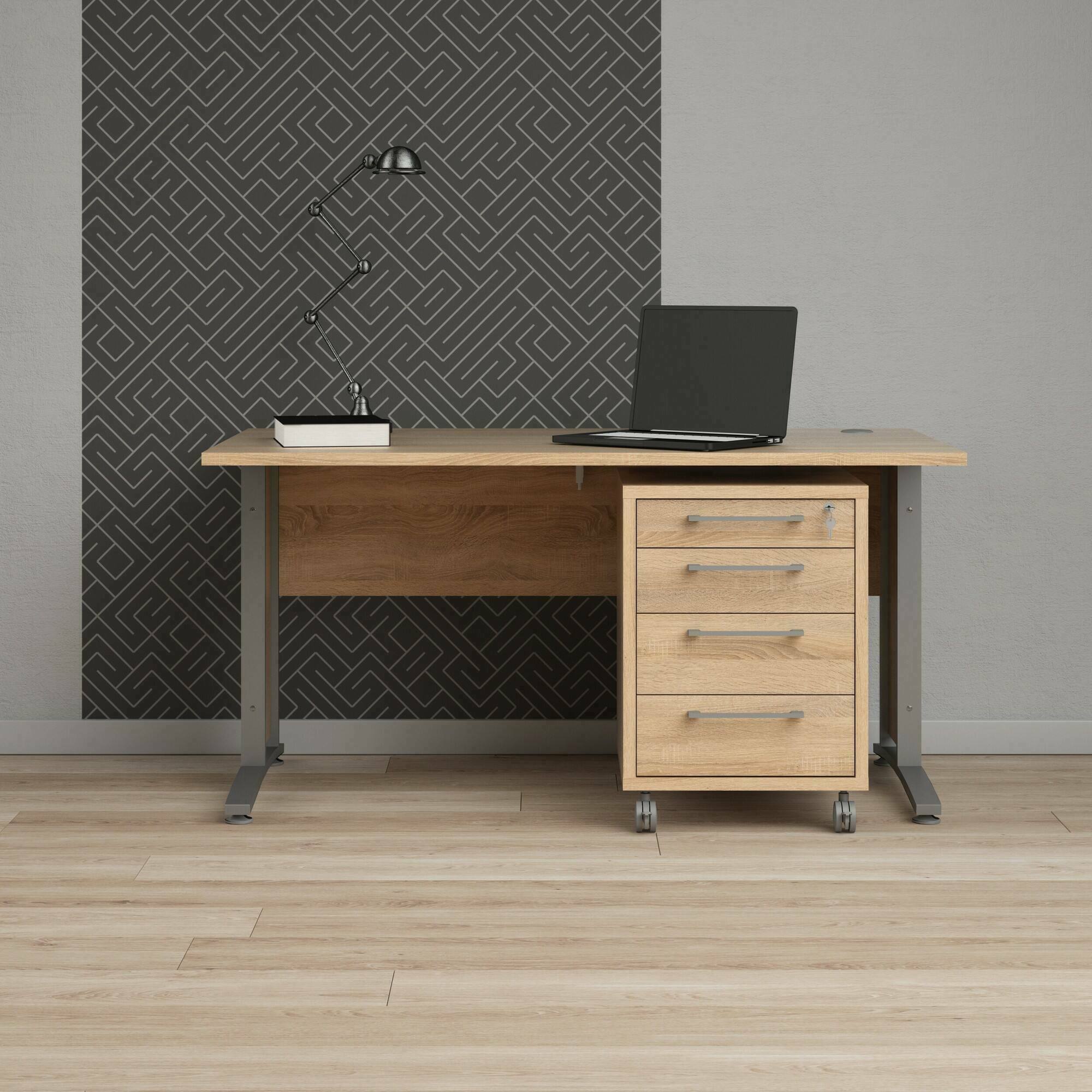 Scrivania Azzaro, Scrittoio multiuso, Tavolo per ufficio porta PC, Piano di lavoro, 150x80 h75 cm, Grigio e Quercia