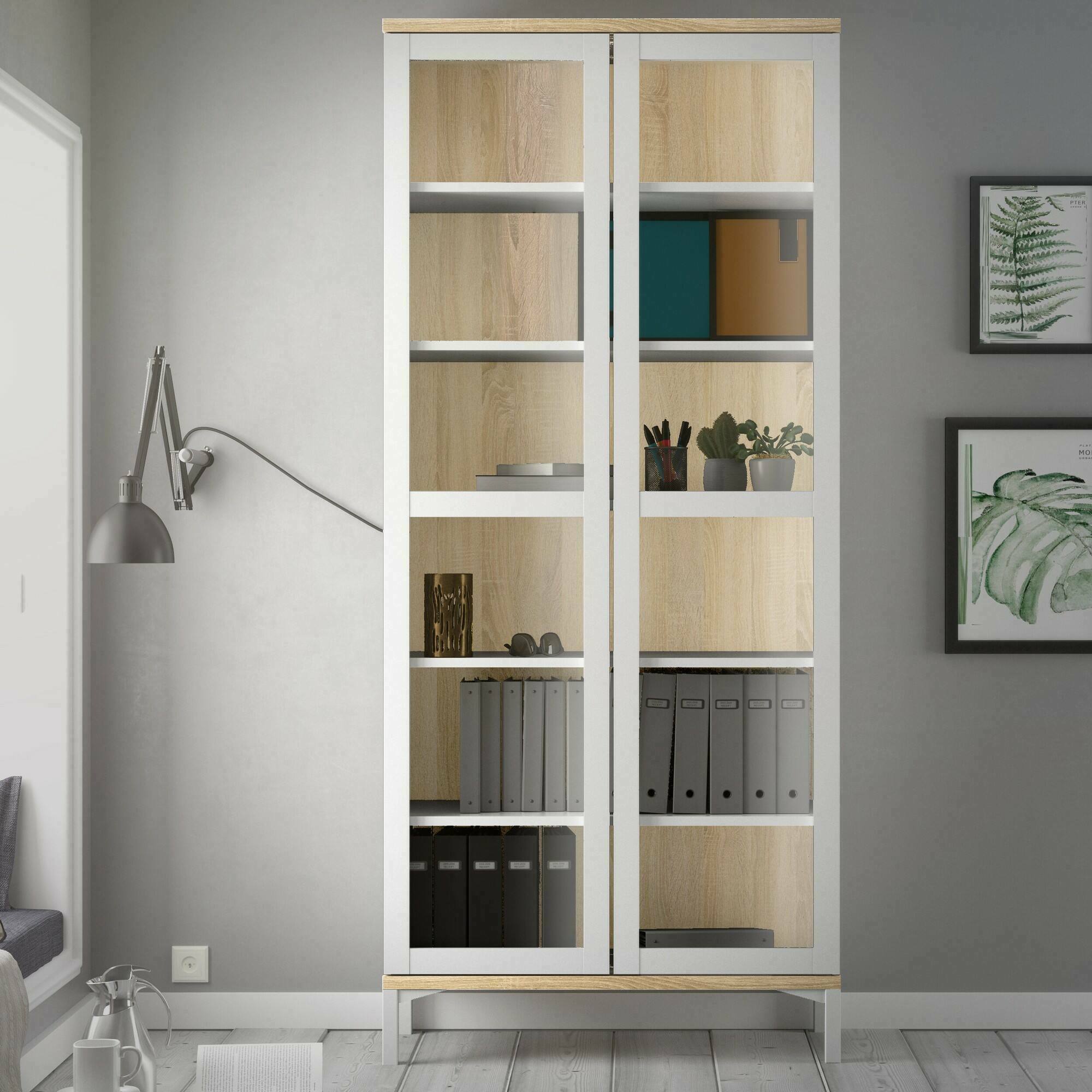 Vetrina Hudhud, Credenza espositiva, Vetrinetta multiuso, Madia da soggiorno, 89x36 h203 cm, Bianco e Quercia