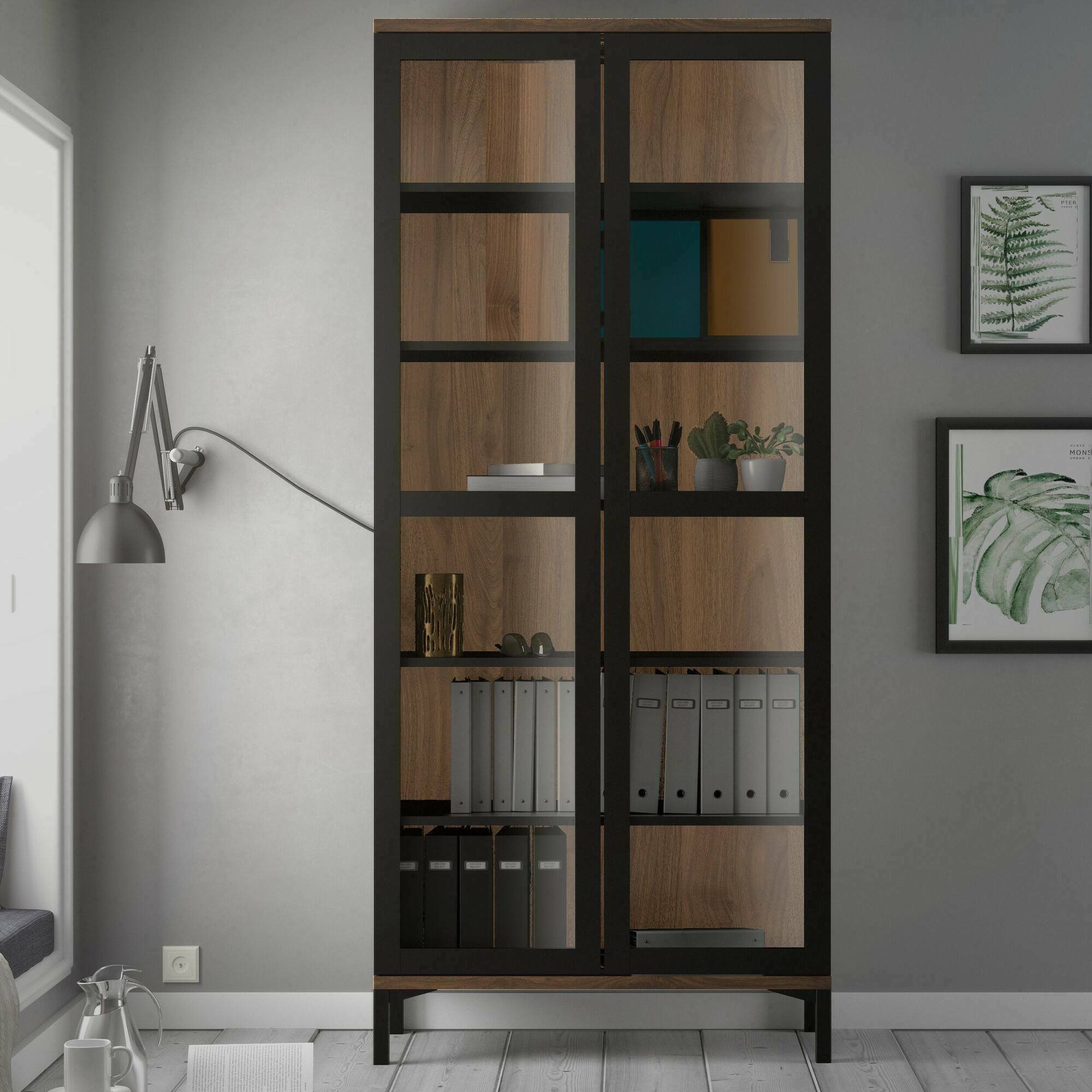 Vetrina Hudhud, Credenza espositiva, Vetrinetta multiuso, Madia da soggiorno, 89x36 h203 cm, Nero e Noce