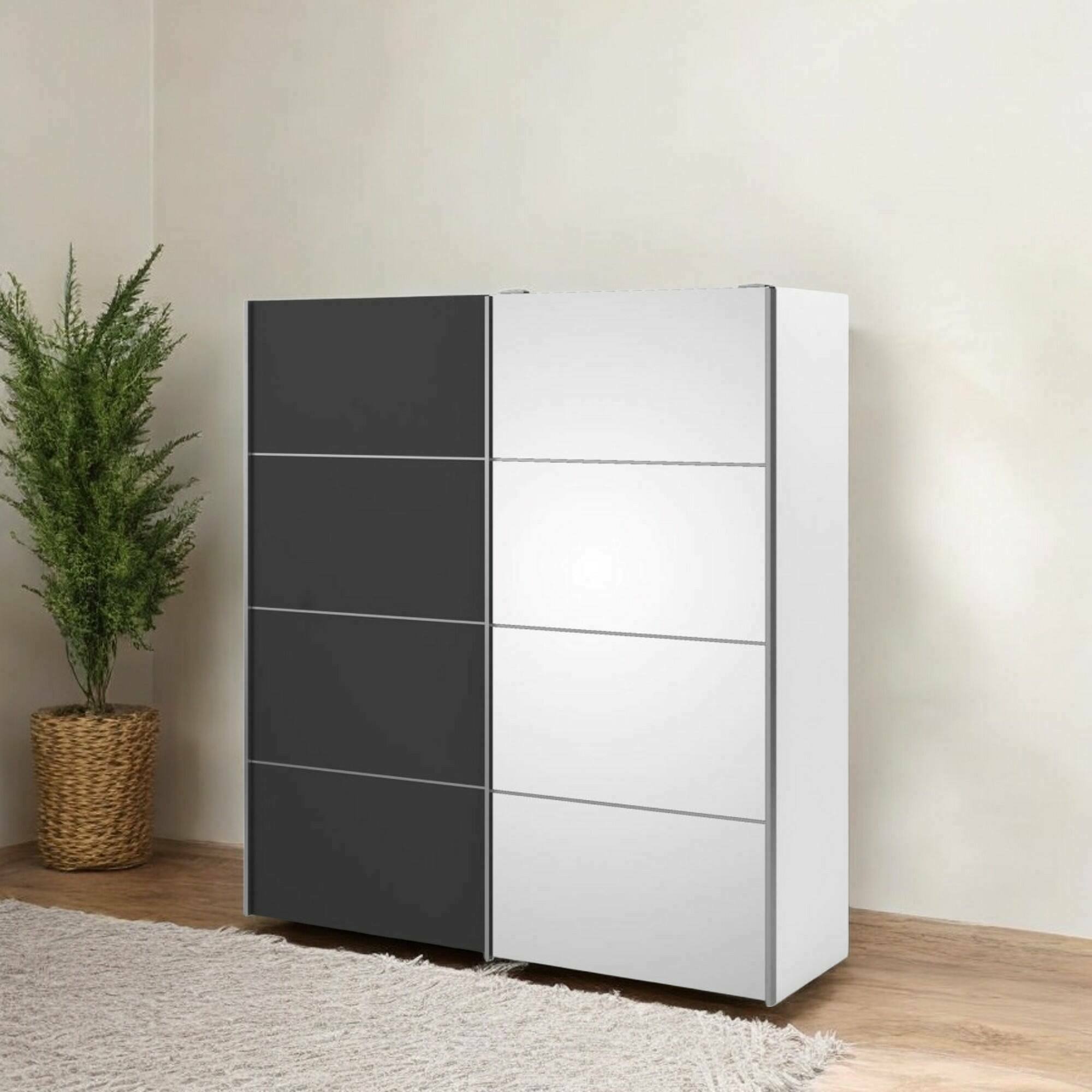 Guardaroba 2 ante Angri, Mobile camera da letto, Cabina armadio portabiti, Armadio appendiabiti, 182x64 h202 cm, Bianco e Grigio