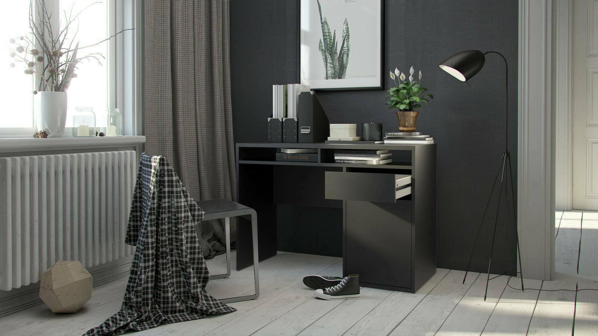 Scrivania Abbadu, Scrittoio multiuso, Tavolo per ufficio porta PC, Piano di lavoro, 110x48 h77 cm, Nero