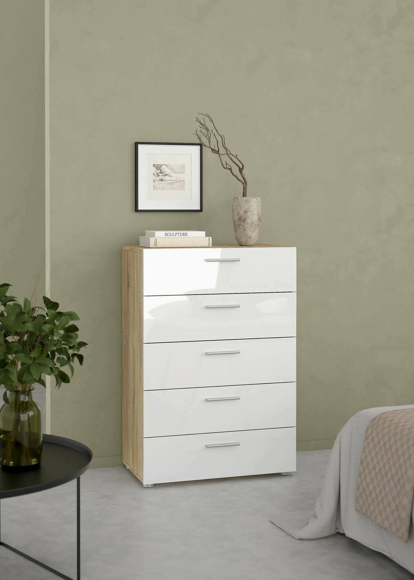 Cassettiera Alf, Settimino multiuso, Comò camera da letto, Mobile con cassetti, 70x40 h102 cm, Quercia e Bianco lucido