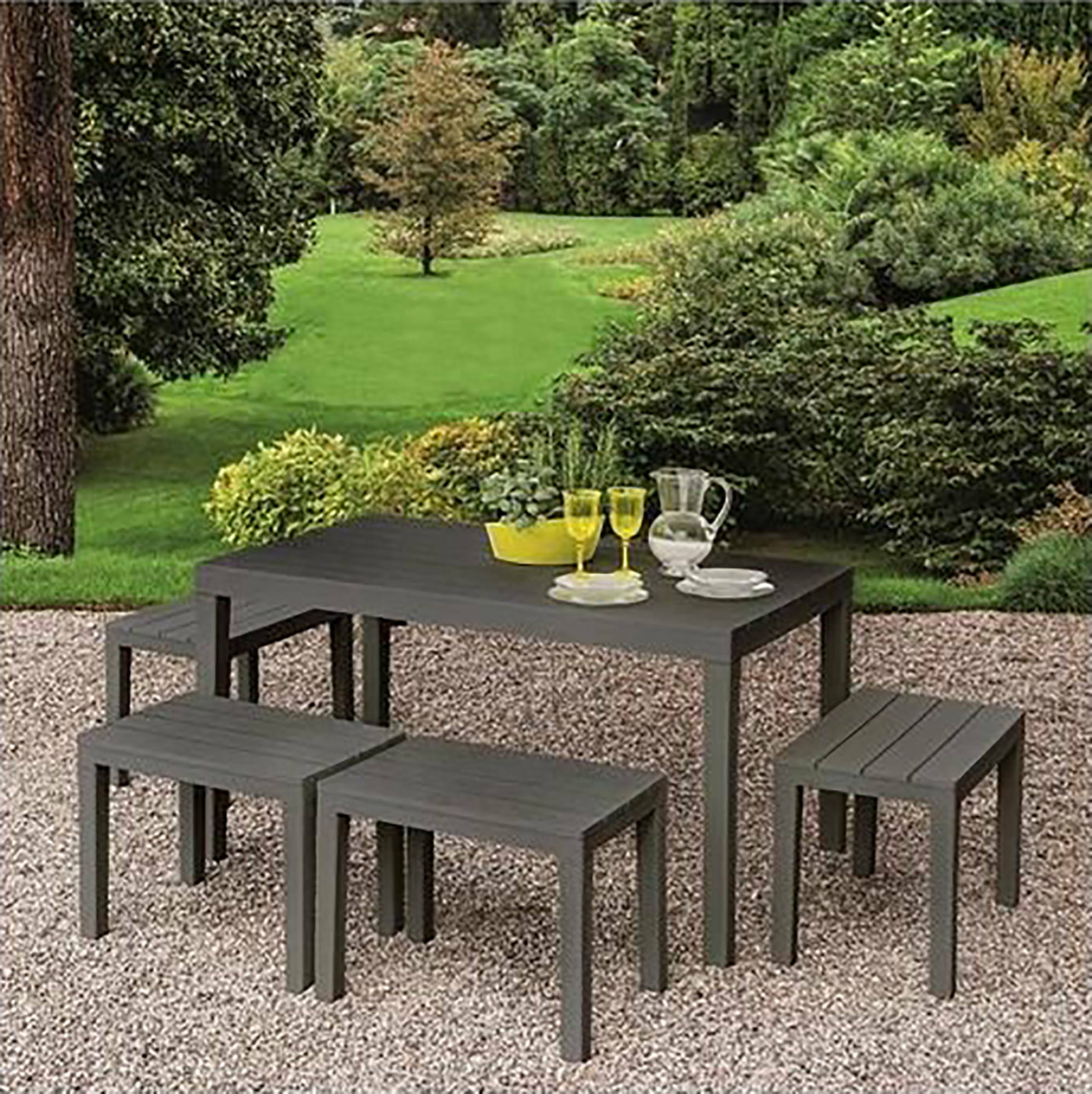 Set salotto da esterno Asta, Set da giardino composto da 4 panchine e 1 tavolo da pic nic, Salottino indoor, 100% Made in Italy, Cm 138x78h72, Antracite