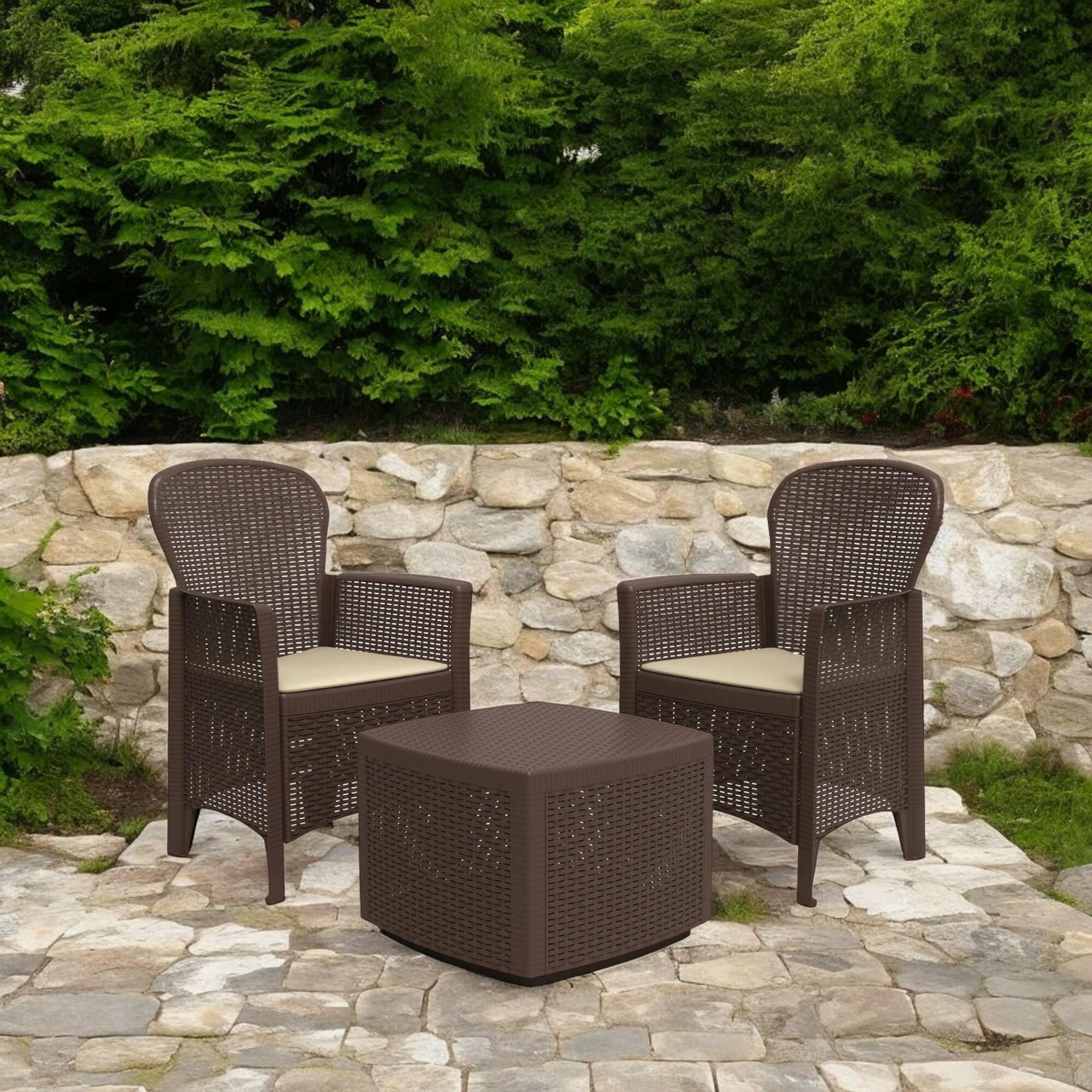 Set salotto da esterno Anny, Set da giardino con cuscini composto da 2 poltrone, 1 divano e 1 tavolino, Salottino indoor effetto rattan, 100% Made in Italy, Cm 60x58h91, Marrone