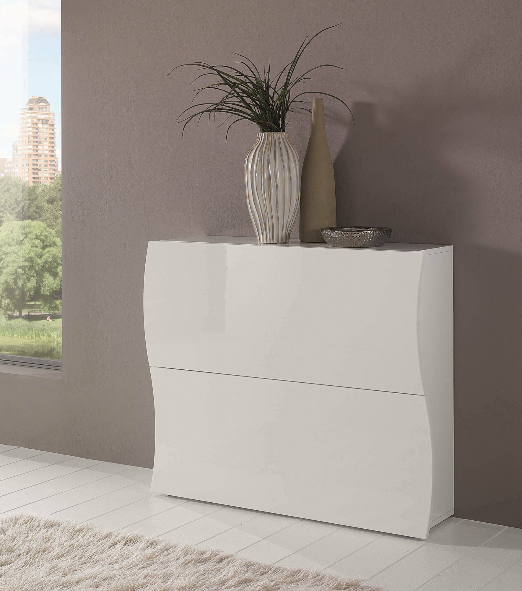 Scarpiera Ape, Made in Italy, a 2 ante a ribalta, Portascarpe da ingresso, cm 101x27h82, colore Bianco lucido