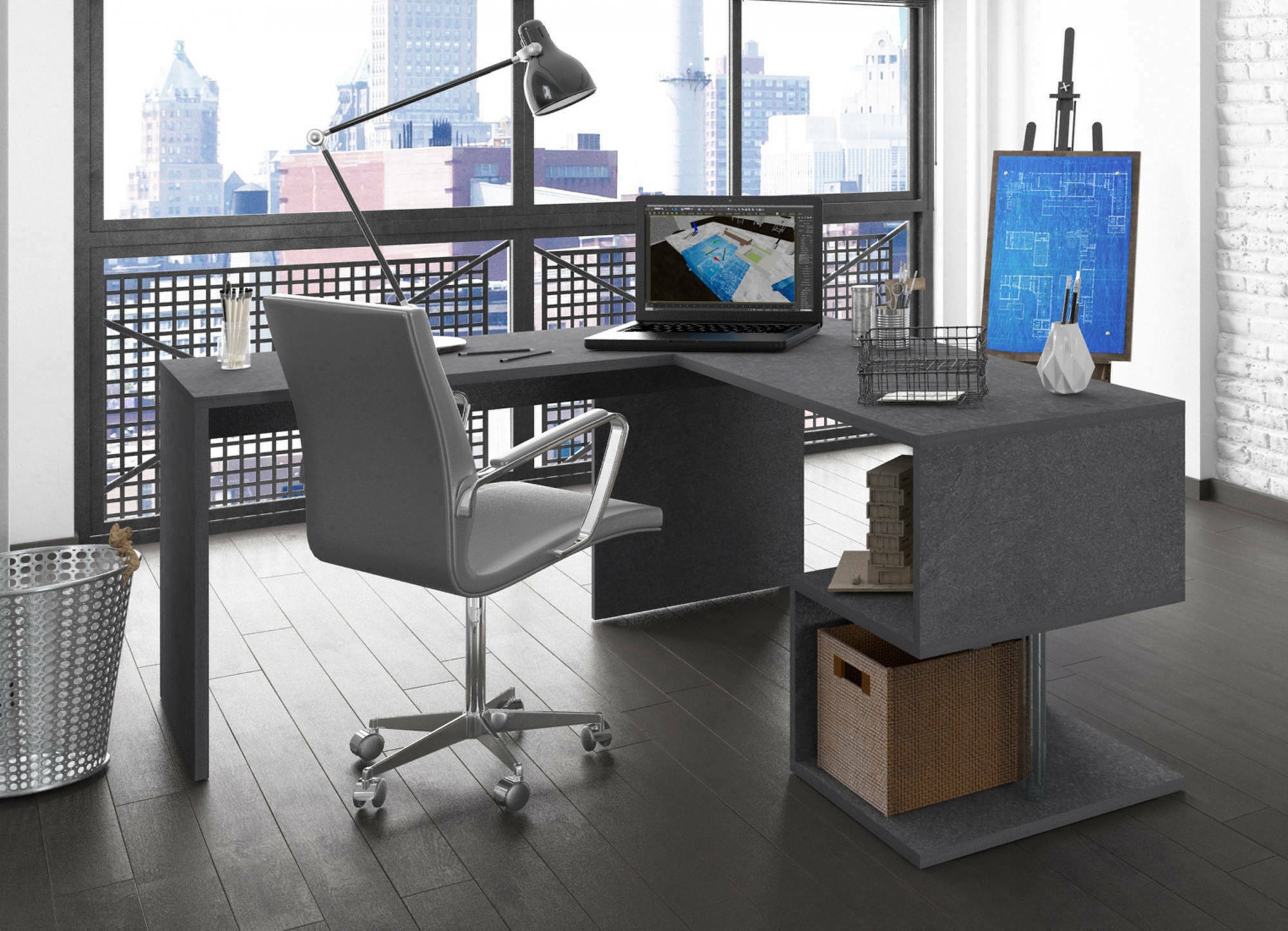 Scrivania ad angolo per ufficio con Annibi, Made in Italy, Tavolo da computer, Scrittoio porta PC, cm 160x60h78, Grigio Cenere